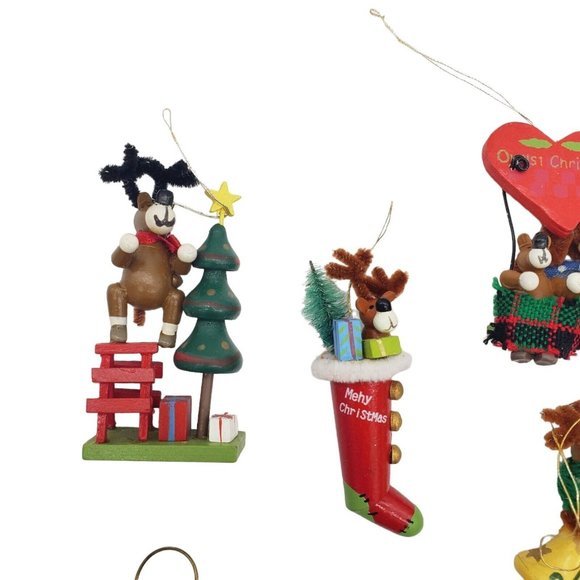 VTG Miniature Wood Reindeer Christmas Ornaments 11 pc Set Handmade Holiday Cute - Picture 5 of 9